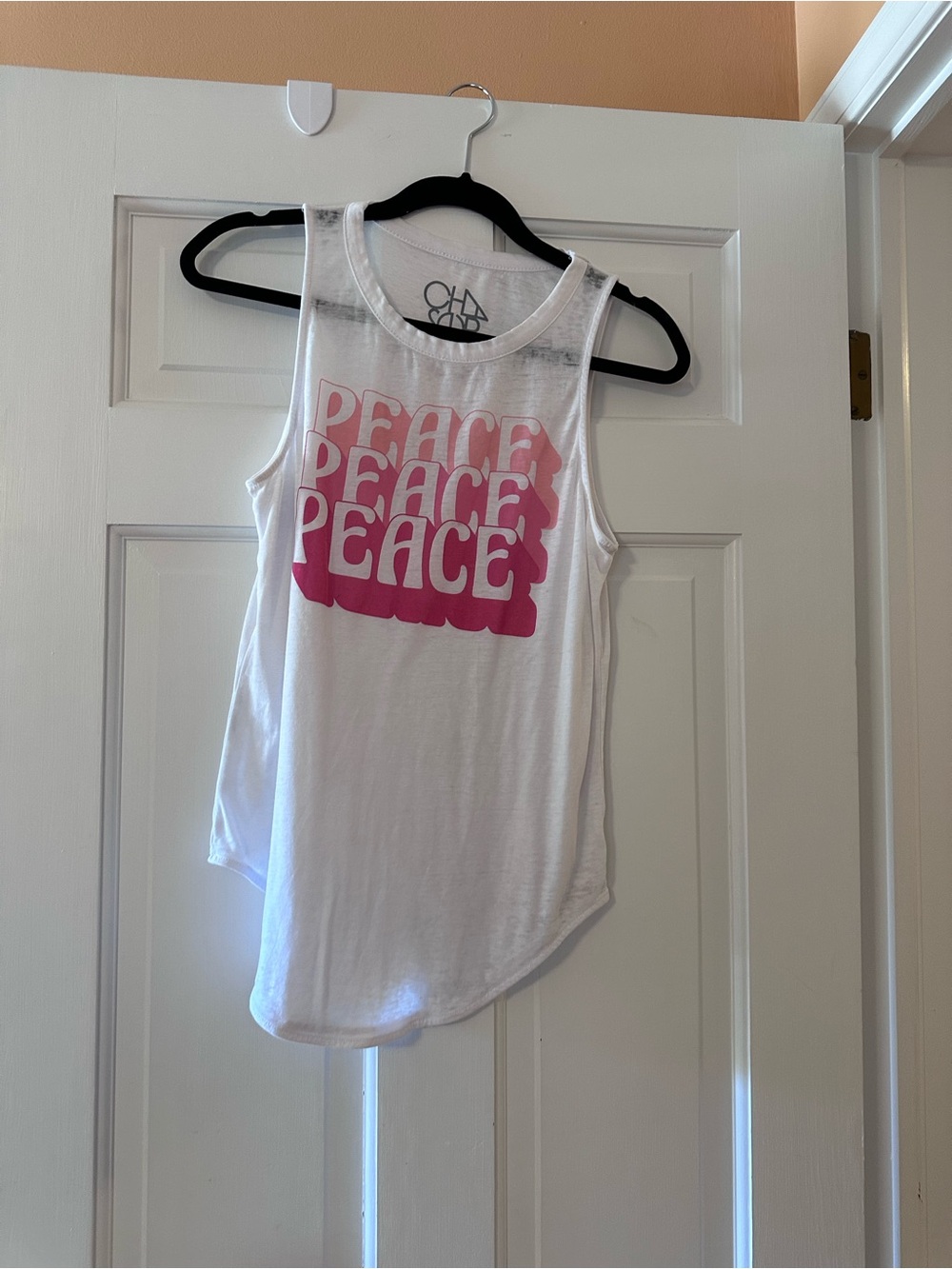 Chaser White Tank with Pink 'PEACE' Graphic